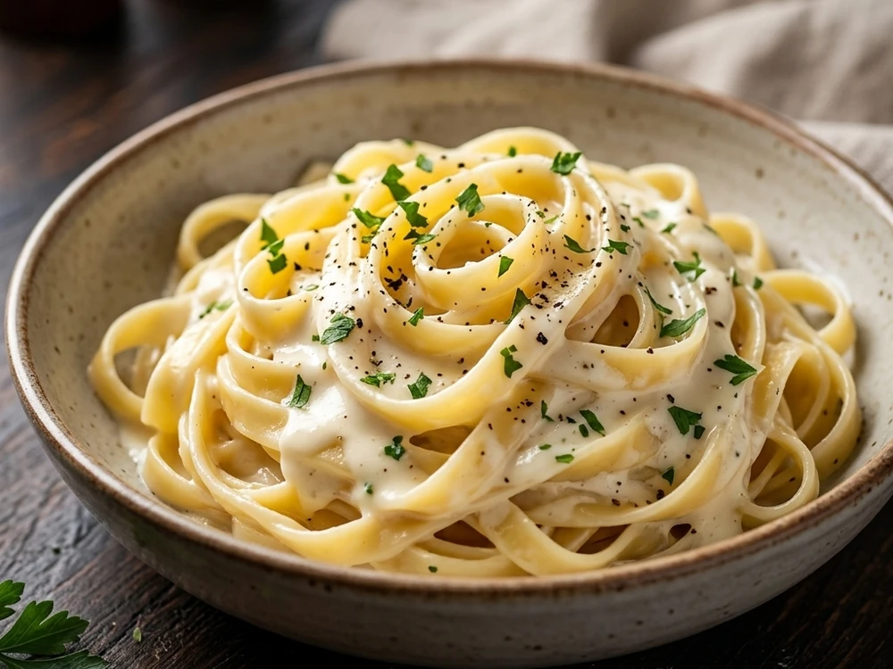 Freshly cooked creamy pasta at New Pizza Factory near Mill Woods Edmonton