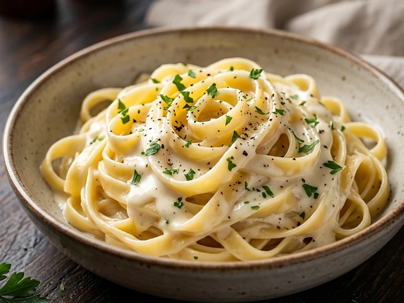 Freshly cooked creamy pasta at New Pizza Factory Edmonton