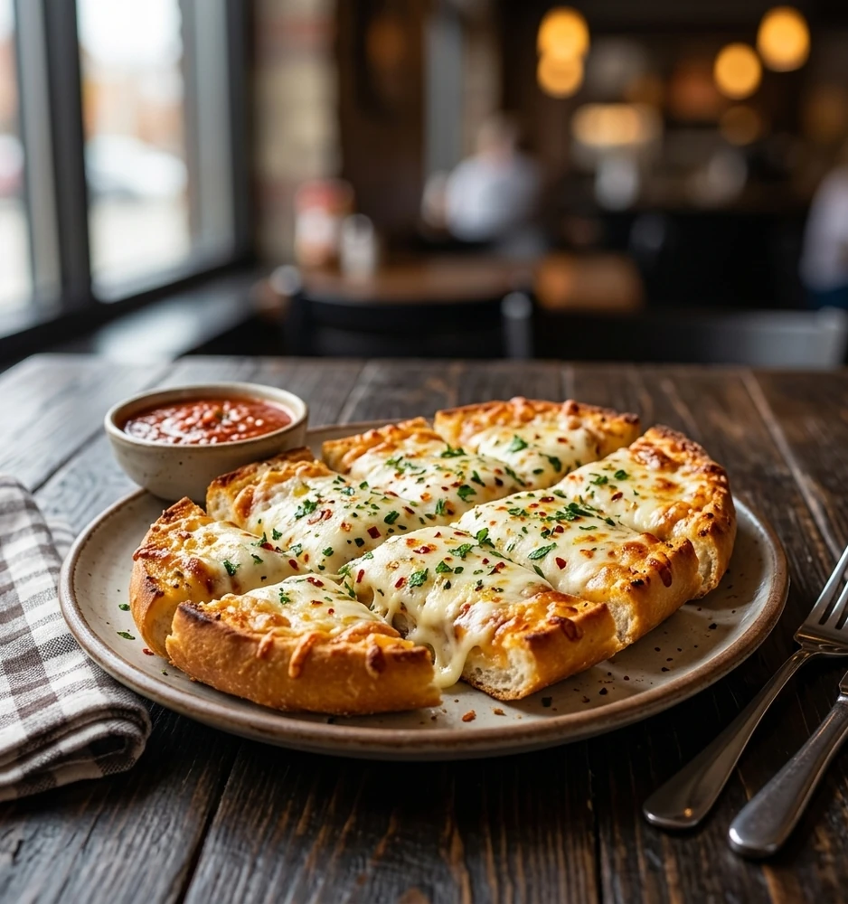 Cheesy garlic bread appetizer at New Pizza Factory in southeast Edmonton