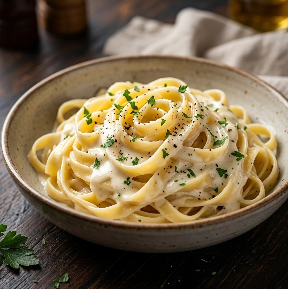 Freshly cooked creamy pasta at New Pizza Factory near Mill Woods, Edmonton