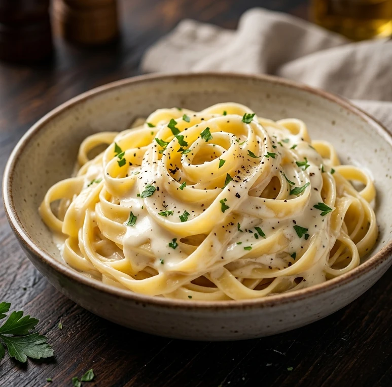 Freshly cooked creamy pasta at New Pizza Factory in southeast Edmonton